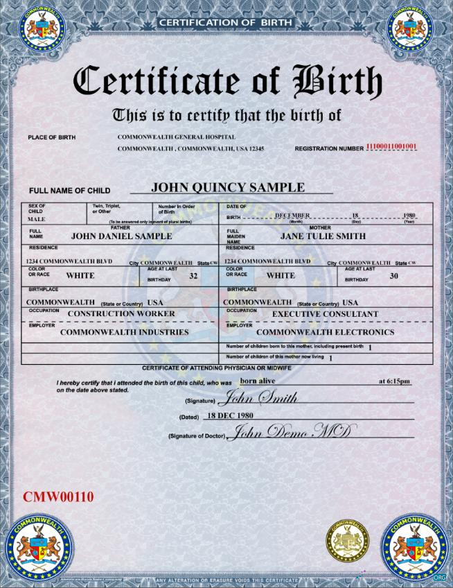 Download United States Commonwealth General hospital birth certificate Photoshop template